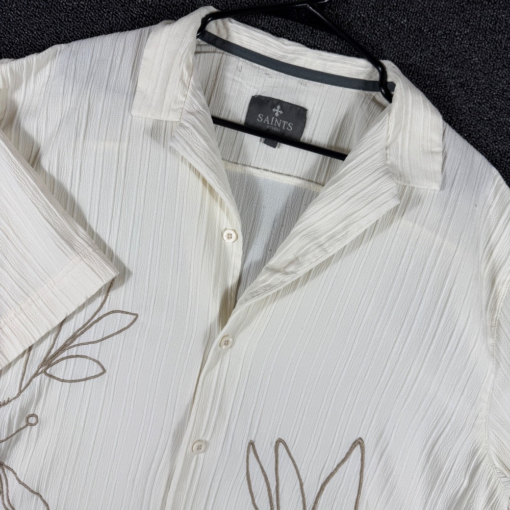 Saints Studio Men XL Cuban Collar Shirt Cream Crinkle Textured Floral Embroidery